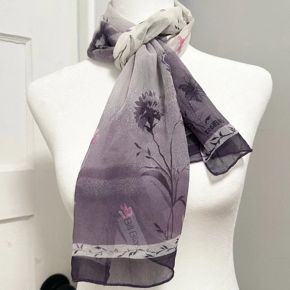 Bill Blass Purple Floral 100% Silk Scarf Wrap Botanical Print Vintage 52 x 13